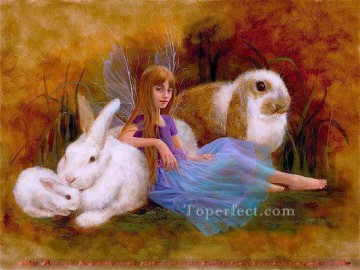 子供向け Painting - 子供のための妖精とウサギ
